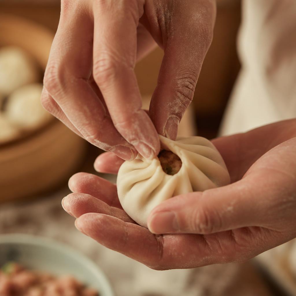 Carefully folded dumplings being prepared by hand