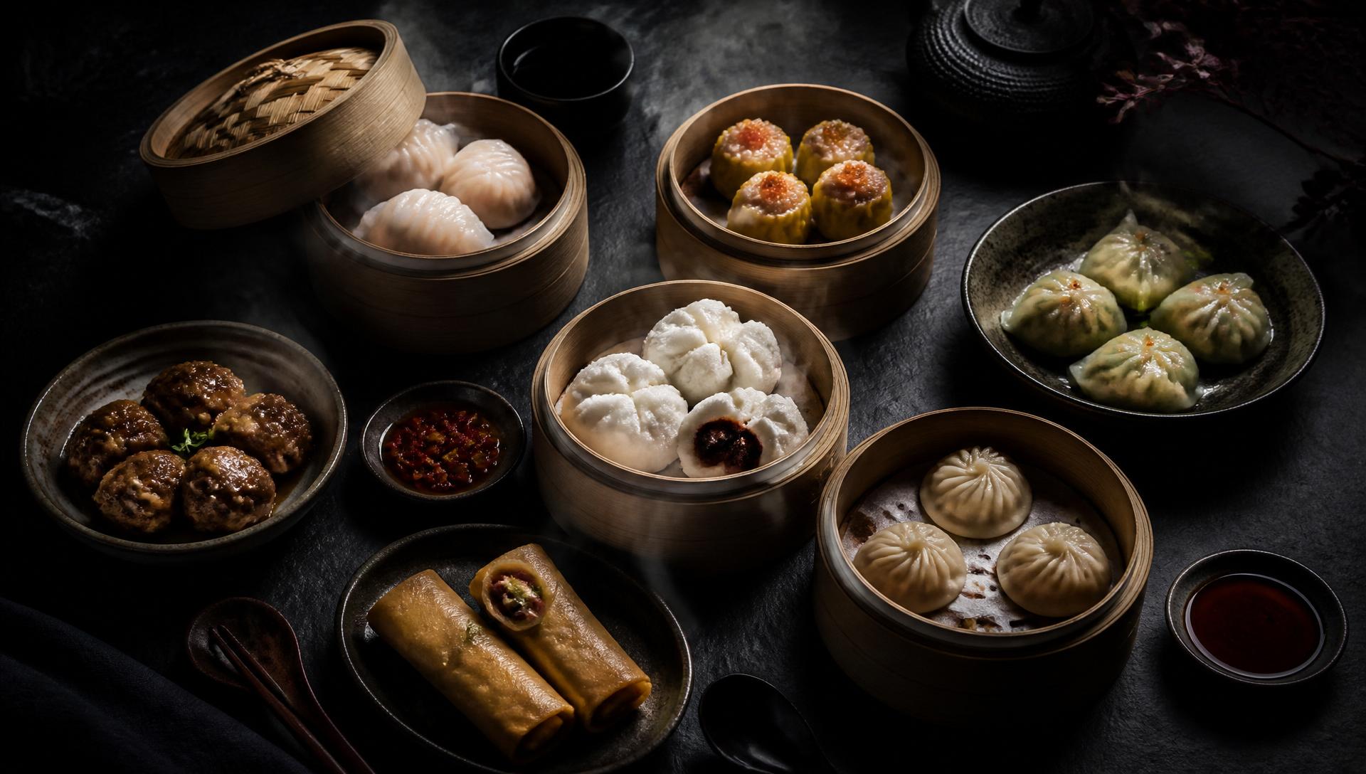Assorted dim sum in bamboo steamers on a dark slate table